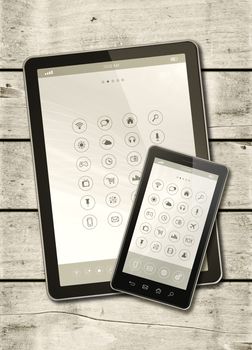 Smartphone and digital tablet PC on a white wood table - vertical office mockup