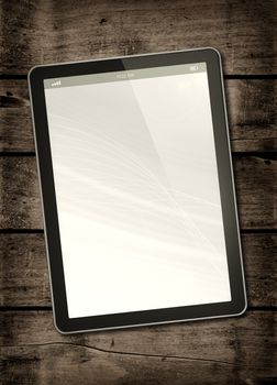 Digital tablet PC on a dark wood table - vertical office mockup
