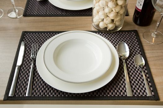 table setting in restaurant interior, desaturated