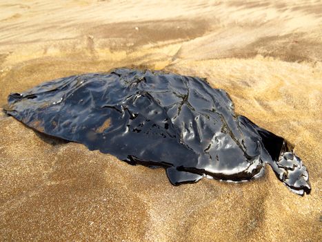 A patch of oil spill on the sands on a beach, a disaster ruining our environment by pollution in todays world                           