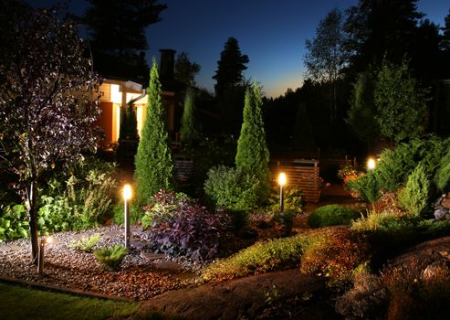 Home garden illumination autumn evening lights patio