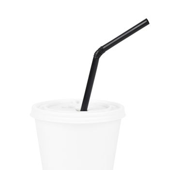 White paper cup and black drinking straw isolated on white background