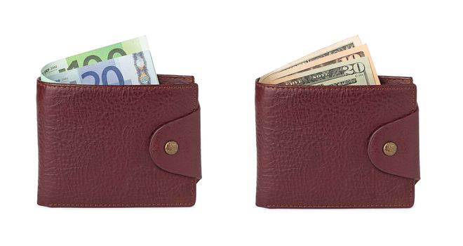 euro and dollars in wallets isolated on white background