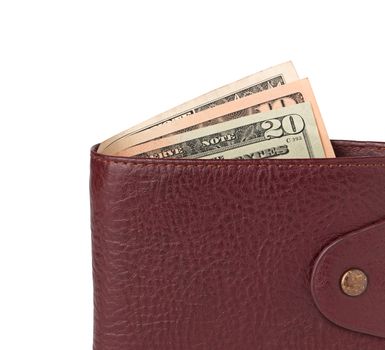 close up of  wallet with money isolated on white background