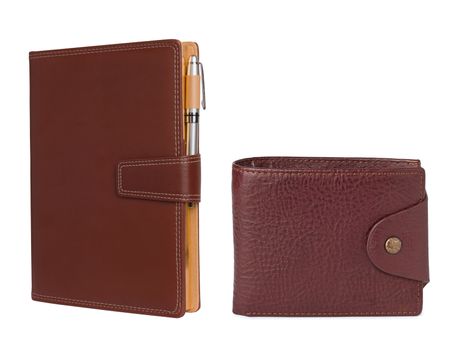 Leather notebook and pencil and wallet on white background.