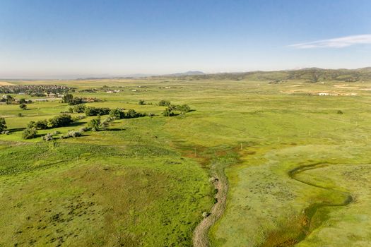 aerial view of foothills prairie along Front Range of Rocky Mountains near Fort Collins, Colorado, early summer scenery