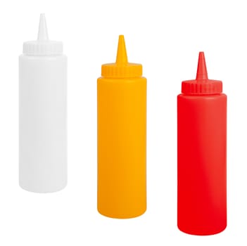 bottles of mustard and ketchup against white background