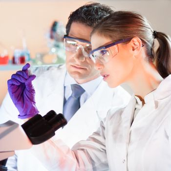 Life scientist researching in laboratory. Attractive young scientist and her post doctoral supervisor looking at the microscope slide in the forensic laboratory. Healthcare and biotechnology.