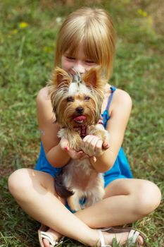 Girl 6 years old sitting on the grass and holds a Yorkshire Terrier