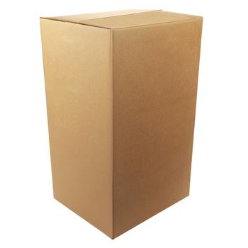 Closed cardboard box taped up and isolated on a white background.