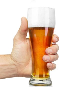 hand hold glass mug of beer