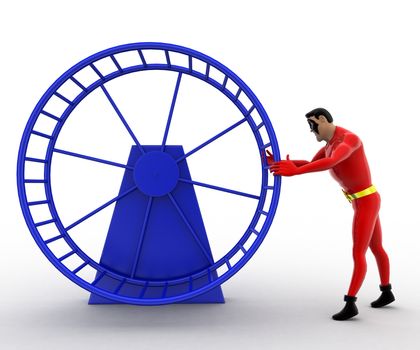 3d superhero  with hamster wheel concept on white background, front angle view