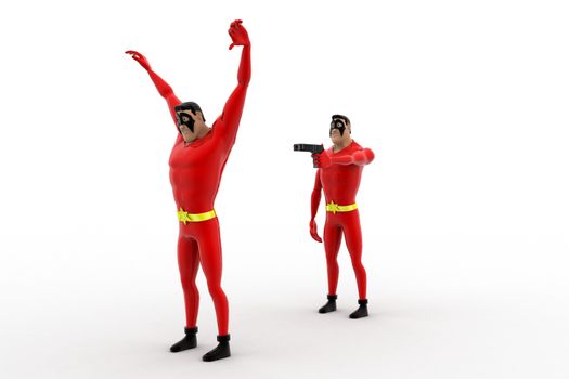 3d superhero  pointing gun at another superhero  to rob concept on white background , side angle view