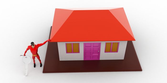 3d superhero  present house for sell and holding key concept on white background,  top angle view