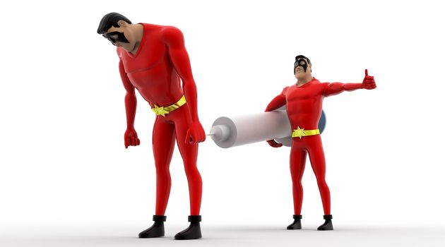 3d superhero  give injection to another superhero  concept on white background, side angle view