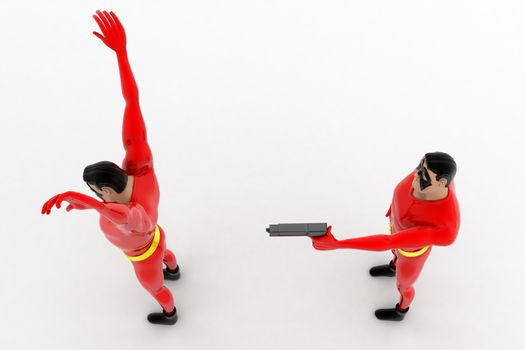 3d superhero  pointing gun at another superhero  to rob concept on white background, top angle view