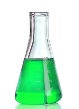 Chemical laboratory flask with green liquid