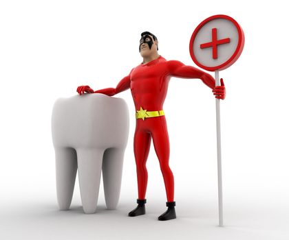 3d superhero  with big teeth and medical sign concept on white background, side angle view