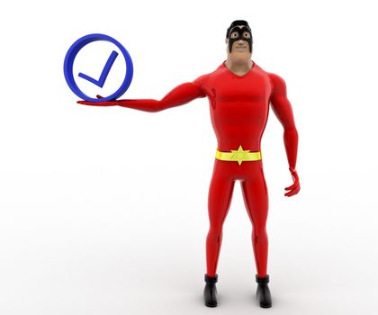 3d superhero  holding blue correct symbol concept on white background, front angle view