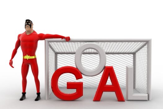 3d superhero  standing beside goal net concept on white background, front angle view
