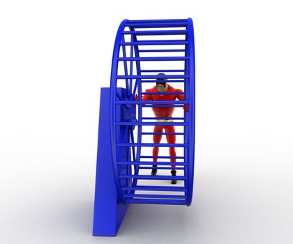 3d superhero  with hamster wheel concept on white background, front angle view