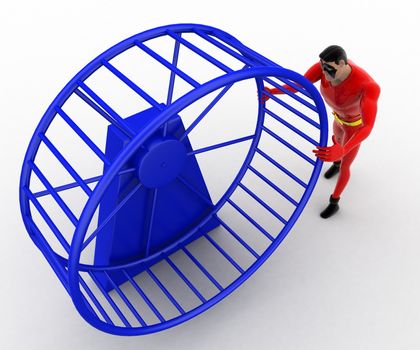 3d superhero  with hamster wheel concept on white background, top angle view
