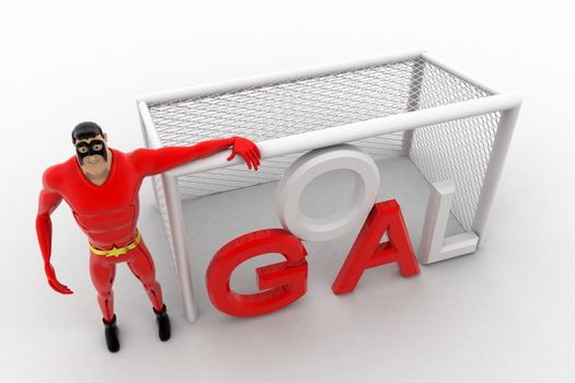 3d superhero  standing beside goal net concept on white background, top angle view