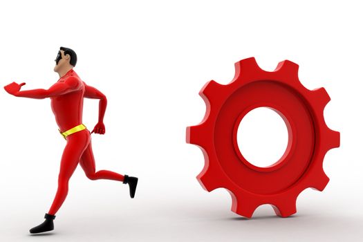 3d superhero  running from rolling big cogwheel concept on white background, front angle view