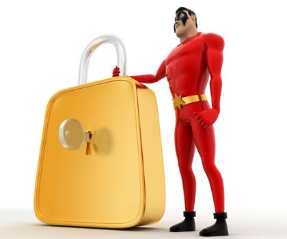 3d superhero  with big golden lock concept on white background,  side angle view