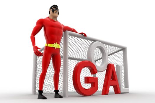 3d superhero  standing beside goal net concept on white background, side angle view