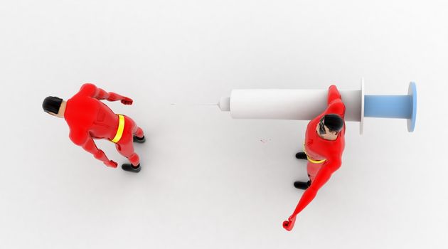 3d superhero  give injection to another superhero  concept on white background, top angle view