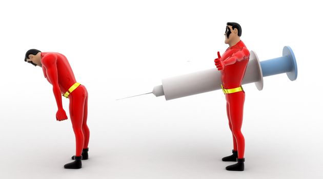 3d superhero  give injection to another superhero  concept on white background, front angle view