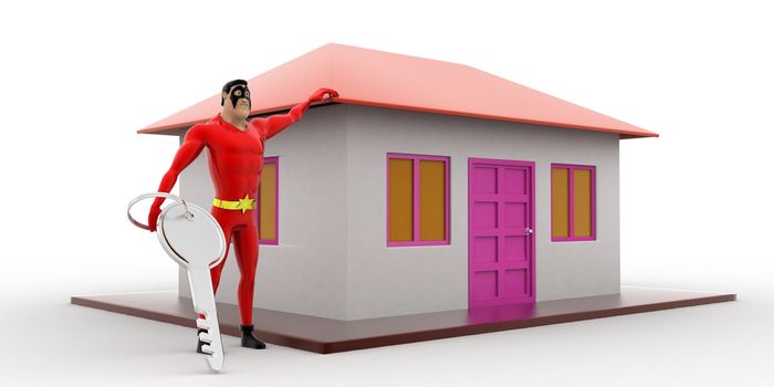 3d superhero  present house for sell and holding key concept on white background, side angle view