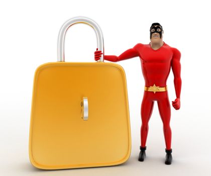 3d superhero  with big golden lock concept on white background,  front angle view