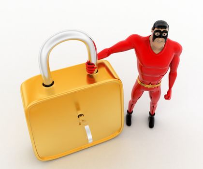 3d superhero  with big golden lock concept on white background, top angle view