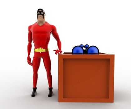 3d superhero  with box and binocular concept on white background, front angle view