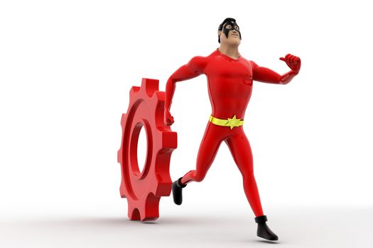 3d superhero  running from rolling big cogwheel concept on white background, side angle view