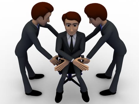 3d two men help another man for sit concept on white background, top angle view