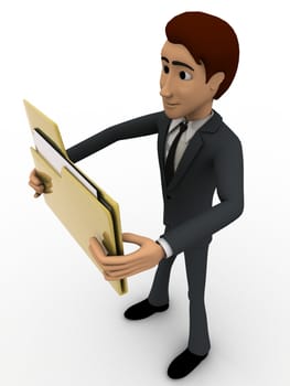 3d man holding big folder in hand concept on white background, top angle view