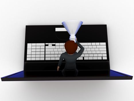 3d man speaking through laptop in speaker concept on white background, top angle view