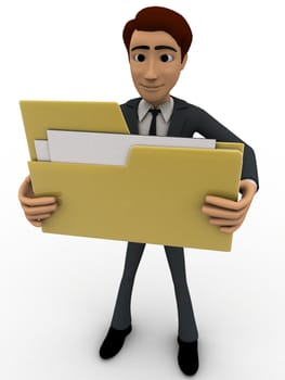 3d man holding big folder in hand concept on white background, front angle view