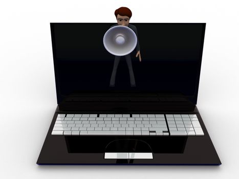 3d man speaking through laptop in speaker concept on white background, front angle view