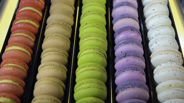 traditional french colorful macarons in a rows in a box