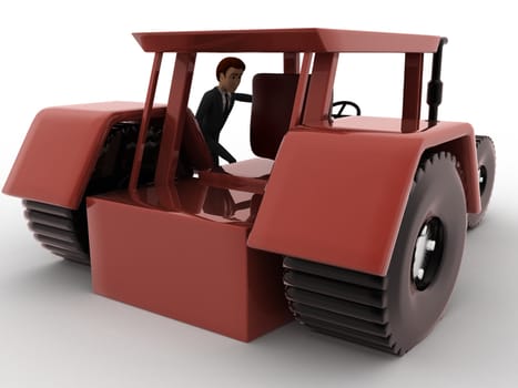 3d man with tracktor concept on white background, back angle view