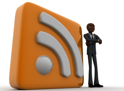 3d man standing beside rss feed concept on white background,  low  angle view