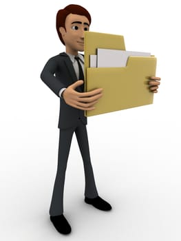 3d man holding big folder in hand concept on white background, side angle view