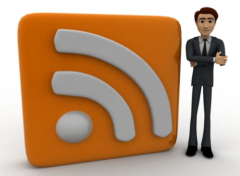 3d man standing beside rss feed concept on white background, front angle view