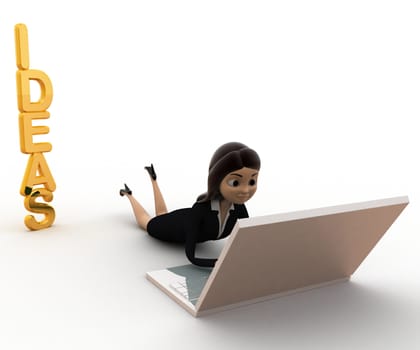 3d woman working on laptop and idea concept on white background, front angle view