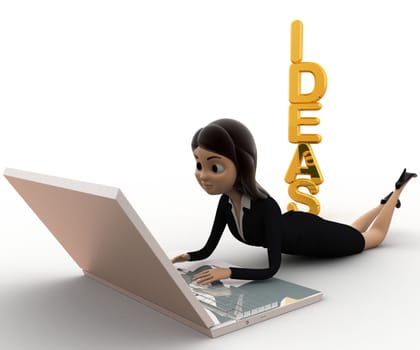 3d woman working on laptop and idea concept on white background, side angle view