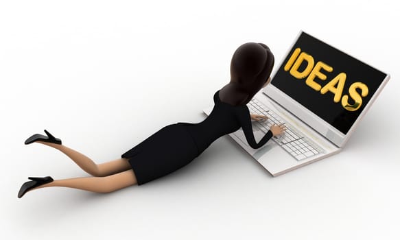 3d woman working on laptop and idea concept on white background, back angle view